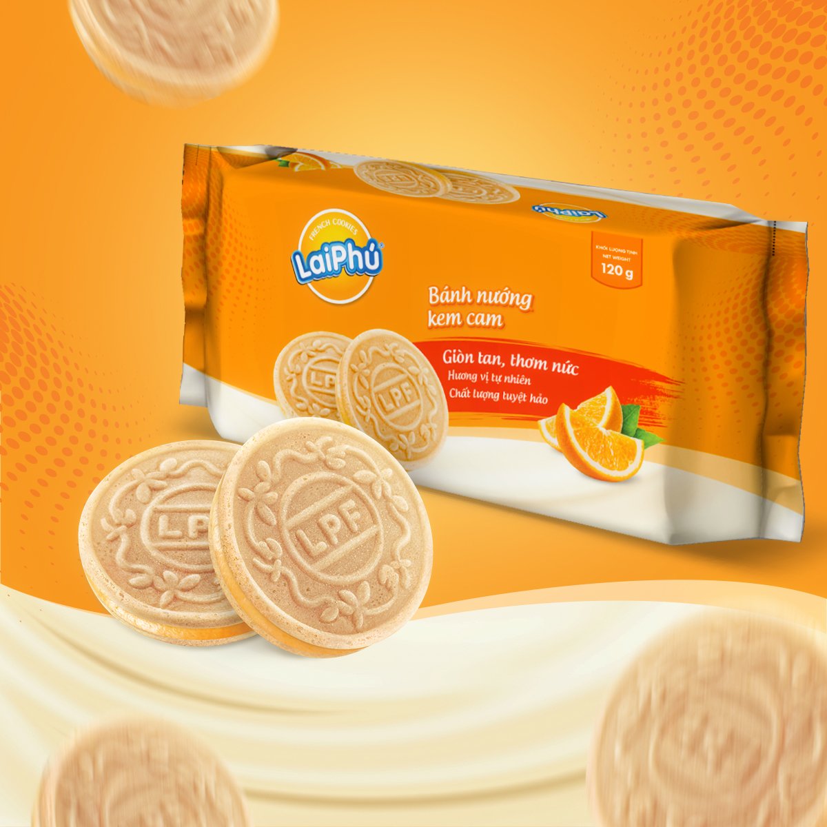 Combo 3 Gói Bánh Cookies Lai Phú Kem Cam 120G