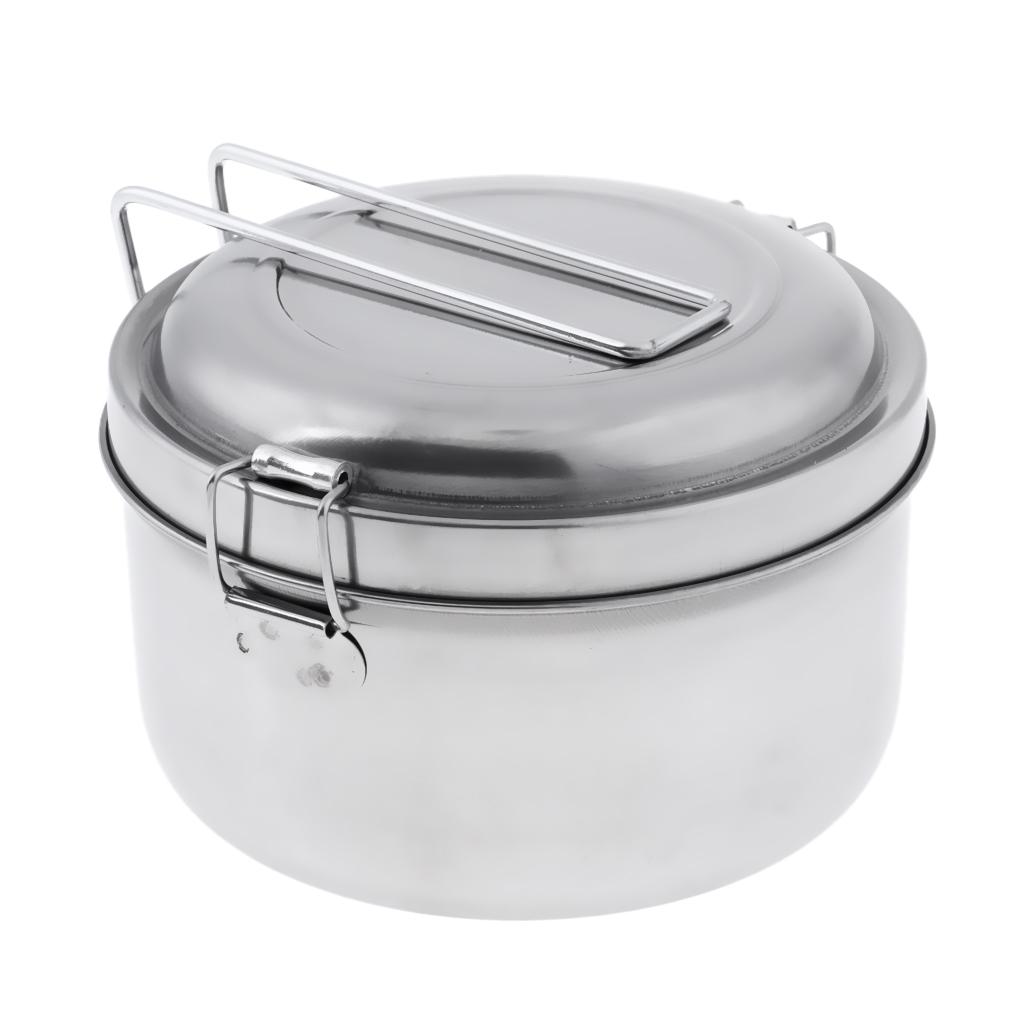 Stainless Steel Lunch Box Double Layer Food Carrier with Folding Handle for Outdoor Sports School Travel
