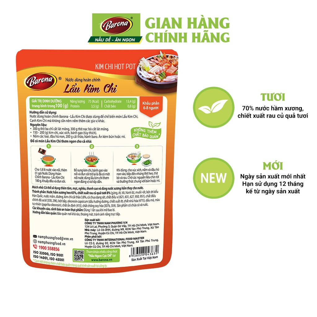 Combo 3 gói Nước dùng Lẩu Kim Chi Barona 180g tươi ngon chuẩn vị không cần nêm nếm