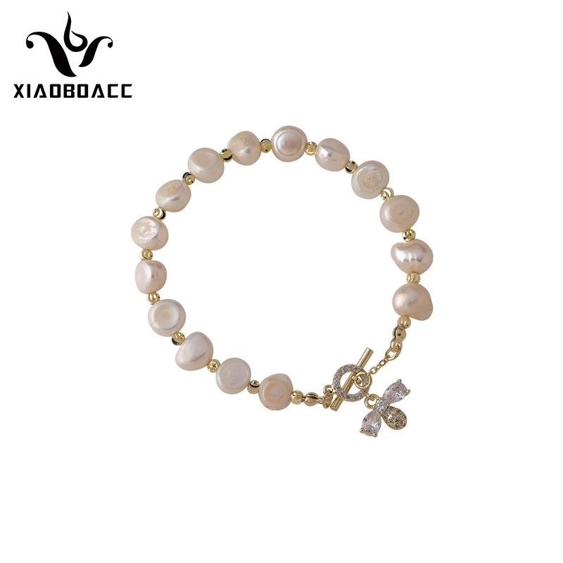 XiaoboACC Korean Fashion Freshwater Pearl Zircon Bee Pendant Bracelet