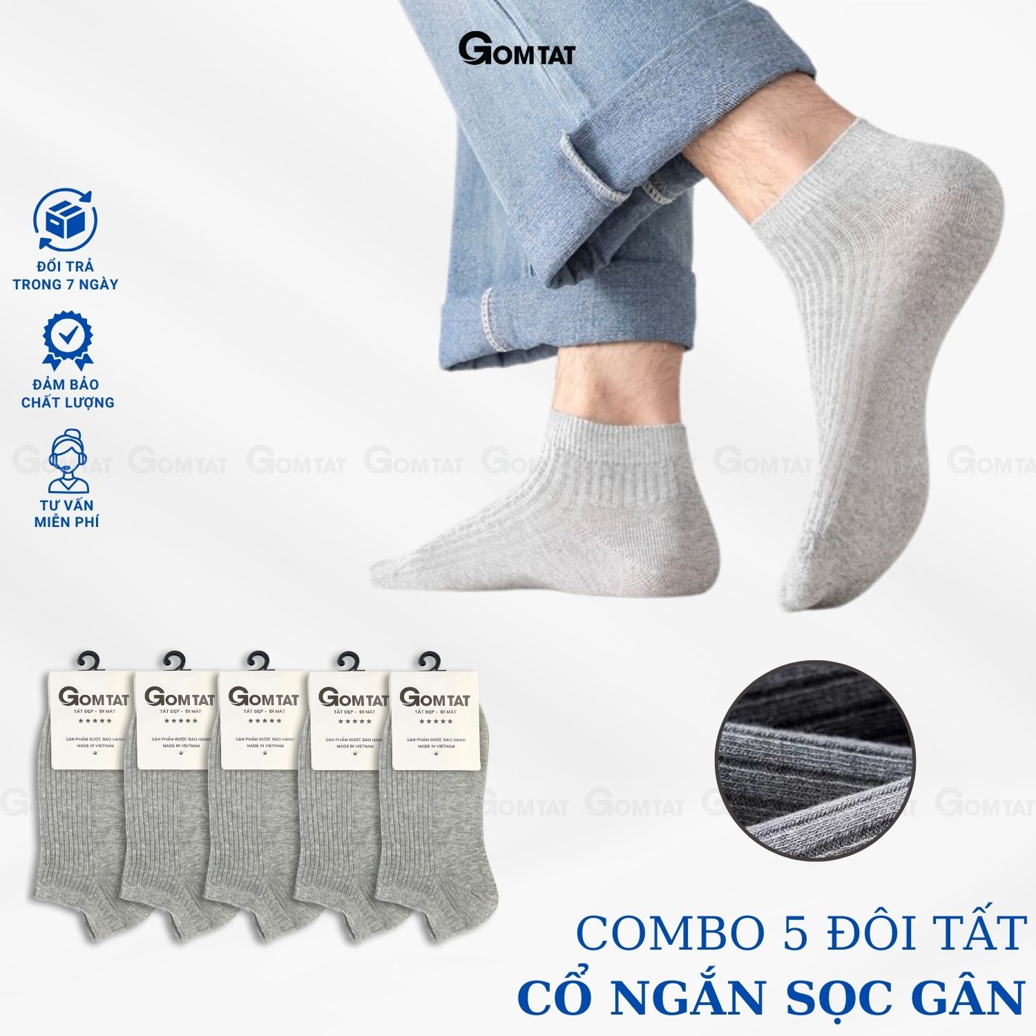 Combo 5 đôi tất nam cổ ngắn gân chìm, vớ nam ngắn cổ chất liệu cotton hút ẩm thoáng khí -FIVE-TAY10-NGAN-CB5