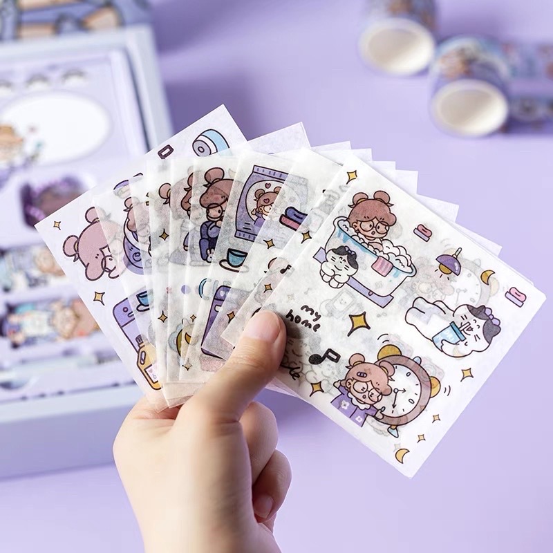 Set hộp quà tặng dễ thương kèm sổ tay sticker, washi, giấy note và móc khoá xinh và miếng nam châm chặn giấy