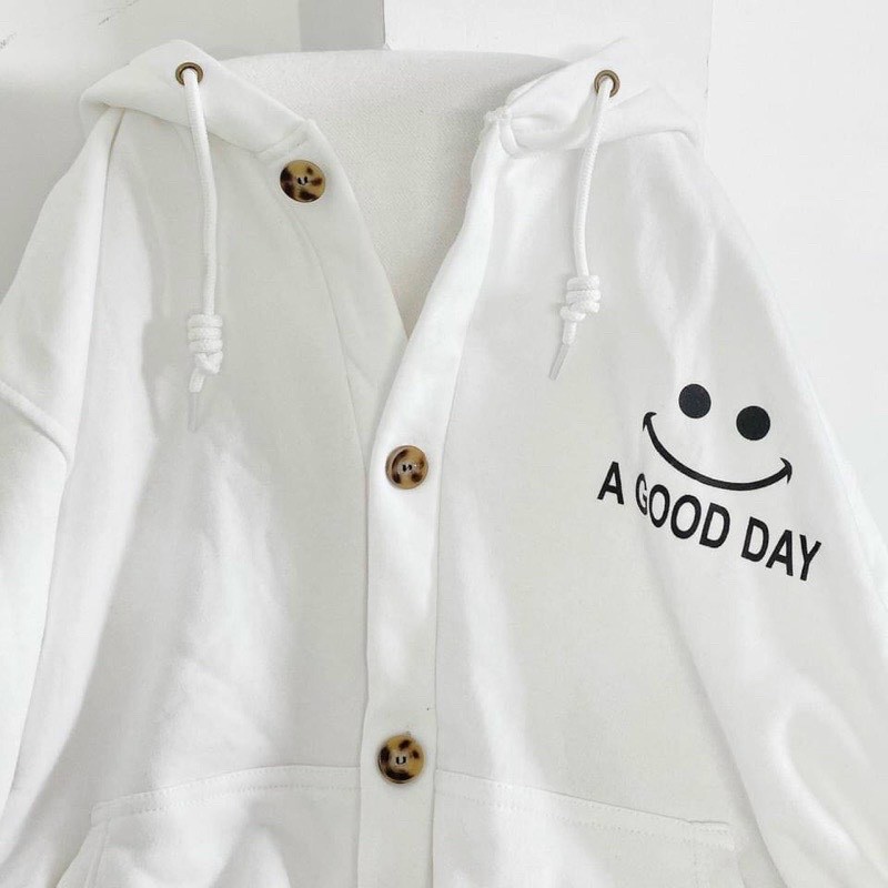 Áo Khoác Nỉ Lót Bông Dây Kéo in mặt cười A GOOD DAY form rộng ullzang Unisex