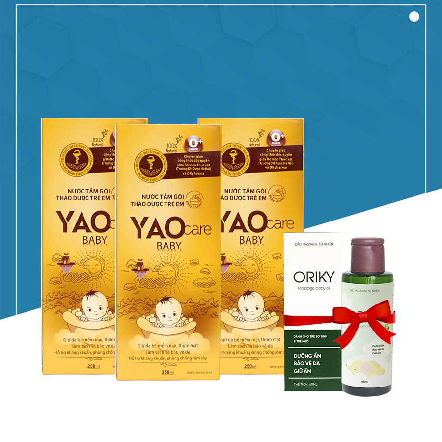 Combo 3 Chai Nước tắm thảo dược Yaocare Baby - DK Pharma 250ml tặng 1 Dầu massage Oriky60ml