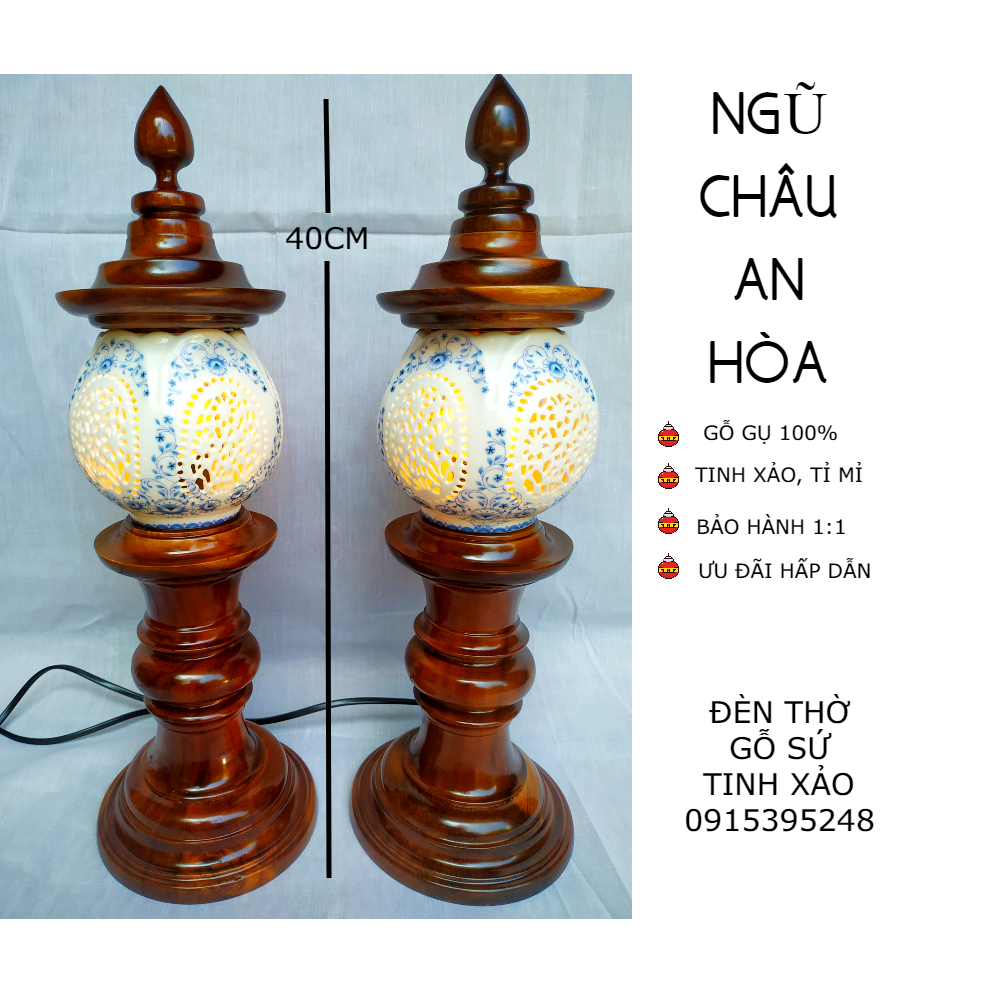 Đôi đèn thờ gỗ sứ tinh xảo NGŨ CHÂU AN HÒA (tặng kèm bóng LED dự phòng)