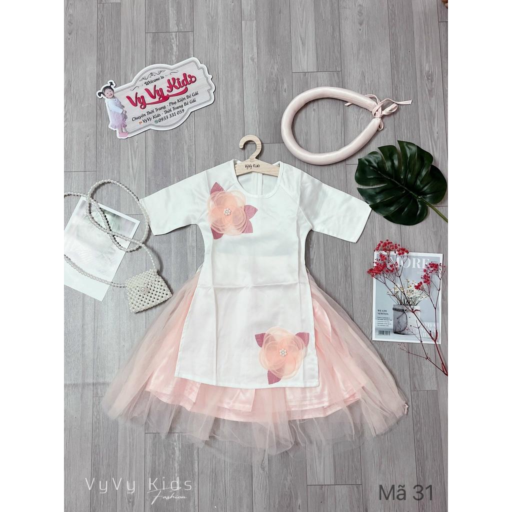 Áo dài bé gái thêu hoa mẫu thiết kế chất liệu cao cấp kèm mấn VyVy Kids Fashion