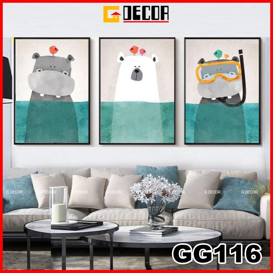 Tranh treo tường canvas 3 bức phong cách hiện đại Bắc Âu 116, tranh anime trang trí phòng cho bé, phòng khách, phòng ăn