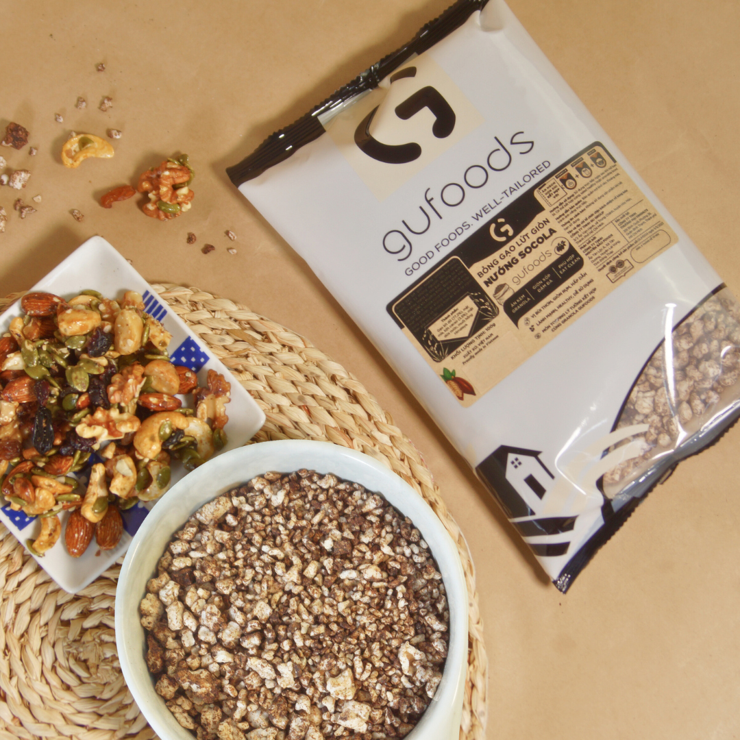 Bỏng gạo lứt giòn nướng socola GUfoods - Ăn kèm granola, Giòn xốp đậm đà, Giàu chất xơ, Thuần chay, Eat clean