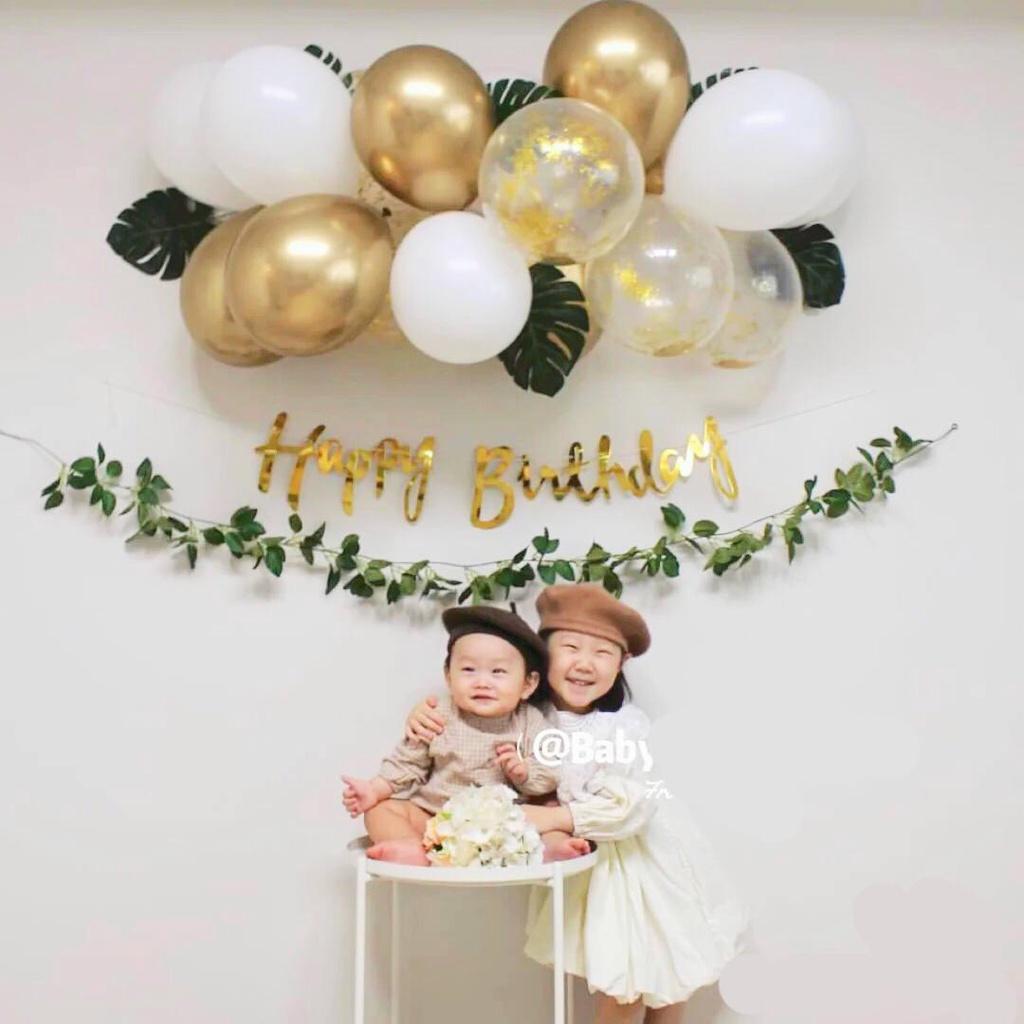 Set bóng trang trí sinh nhật, tiệc thôi nôi, dây chữ Happy Birthday Handmade màu xanh kèm lá kiểu Hàn Quốc giá rẻ