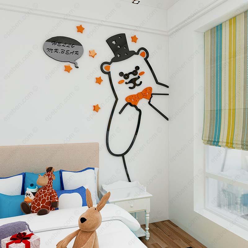 Tranh dán tường mica 3d decor khổ lớn gấu lớn lịch lãm trang trí mầm non, mẫu giáo, phòng cho bé