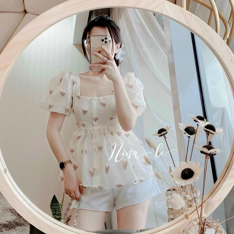 Sét đùi áo lụa in kts cổ vuông kèm quần chéo nhung xinh lung linh