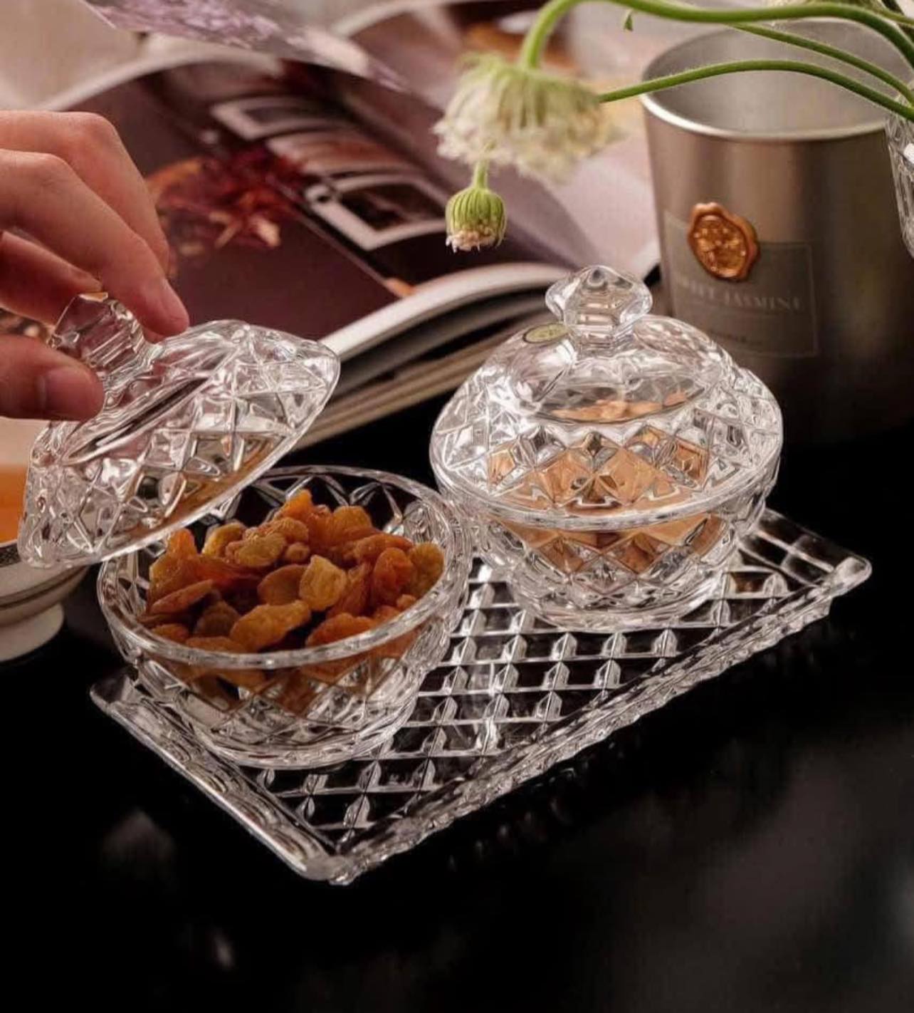 SET HŨ ĐỰNG ĐƯỜNG, BÁNH KẸO PHA LÊ 3 MÓN BOHEMIA CRYSTAL (1 đĩa + 2 thố) Hàng chính hãng