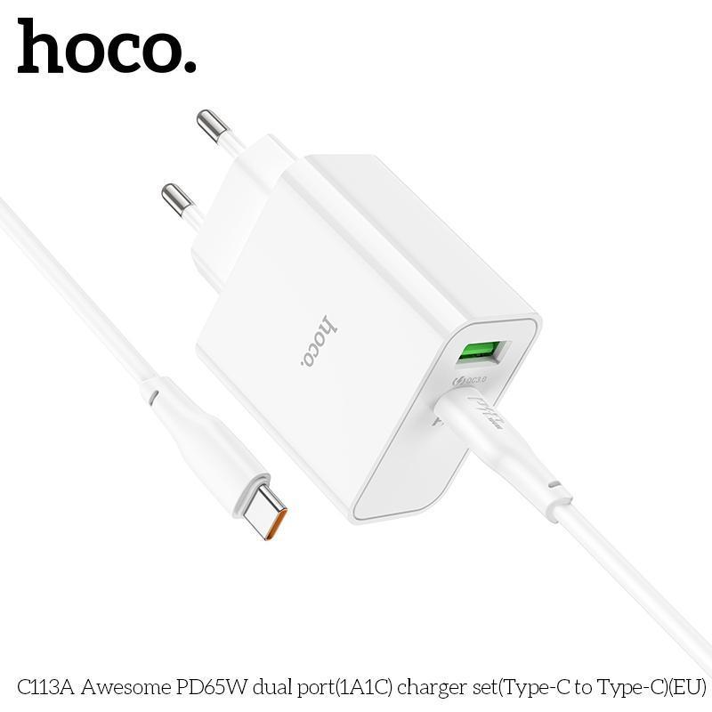 Bộ sạc 2 cổng 65W Hoco C113A (1 Type C + 1 USB), củ sạc kèm dây, sạc được cho laptop Type C chống cháy hàng chính hãng Mall Kem Phụ Kiện