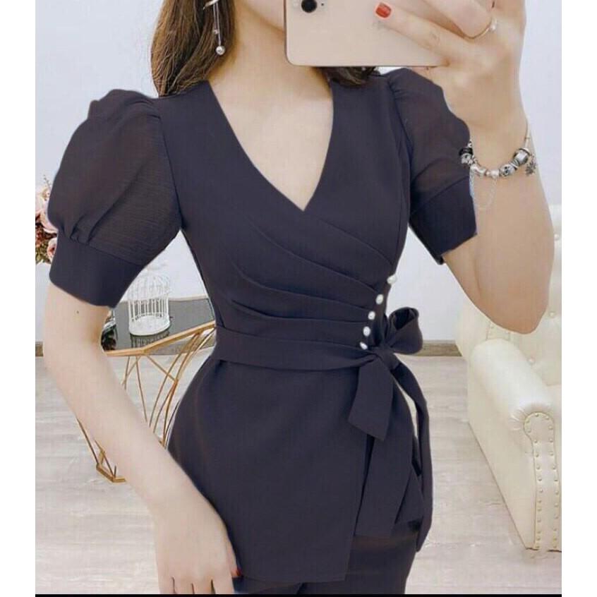 Sét Đồ Bộ Áo Xếp Ly Đính Nơ Đóng Cườm Tay Tơ Lưới & Quần Dài