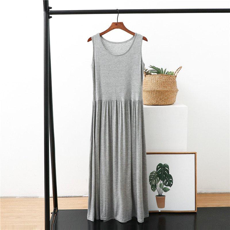 Đầm maxi sát nách cổ tròn màu trơn phong cách đơn giản Db20