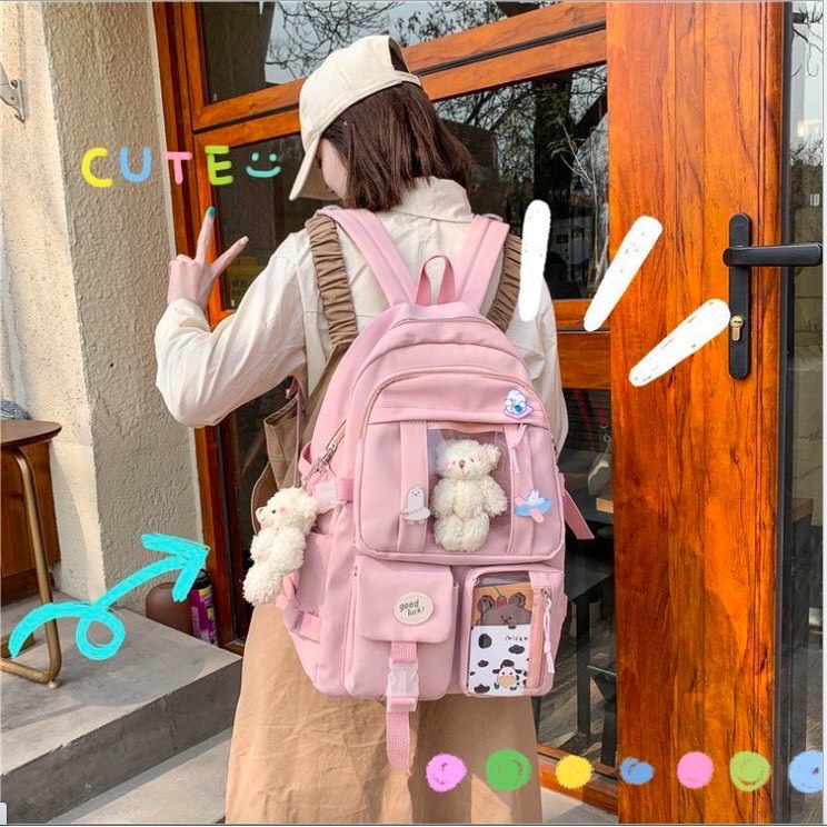 Balo đi học nữ ulzzang Hàn Quốc thời trang giá rẻ tặng gấu và sticker