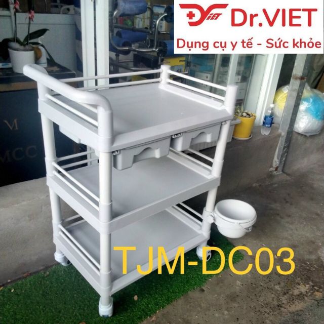 Xe đẩy dụng cụ tiêm nhựa ABS TJM-DC03.H2L Loại 3 tầng cở lớn, 2 hộc kéo, 1 chậu