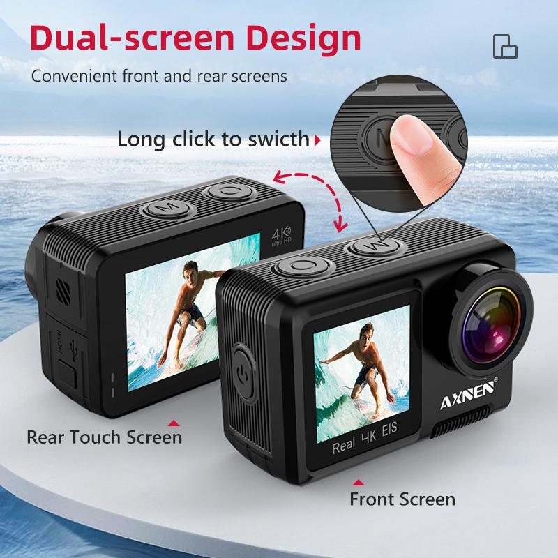 Axnen AX8 4K Action Camera camerproof Cam 4K60fps EIS Sports Video Ghi lại 20MP Hiển thị kép 2 inch Màn hình cảm ứng 1080p webcam