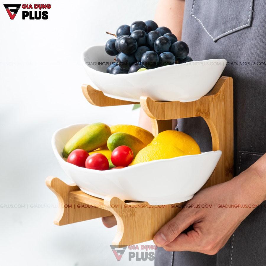 Đĩa Trái Cây Gốm Sứ Nhiều Tầng Kèm Kệ Gỗ Sang Trọng | Màu Xanh Ngọc Lục Bảo & Màu Trắng | Phong Cách Bắc Âu