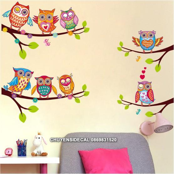 Decal trang trí tường - Cành Cây Cú Sắc màu 02
