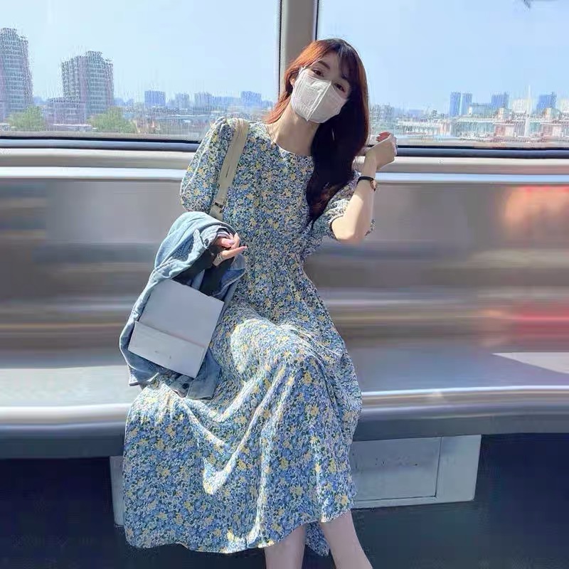 Đầm hoa nhí tay phồng bo eo co dãn