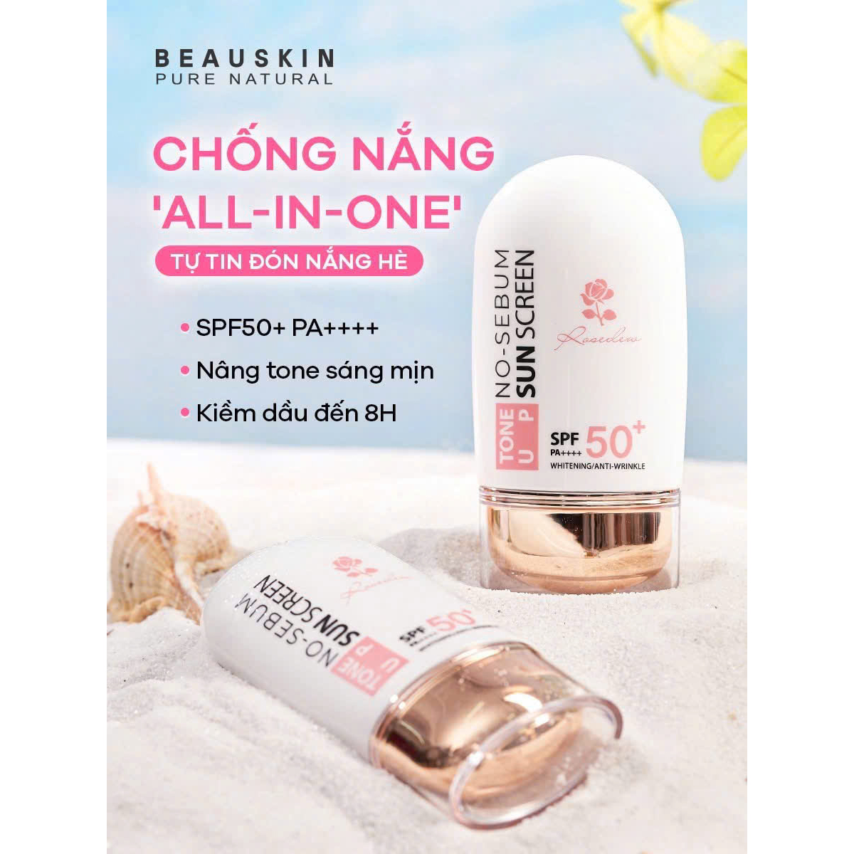 Kem chống nắng nâng tone kiềm dầu Beauskin Rose Dew Tone Up No-Sebum Sunscreen Hàn Quốc - 55ml