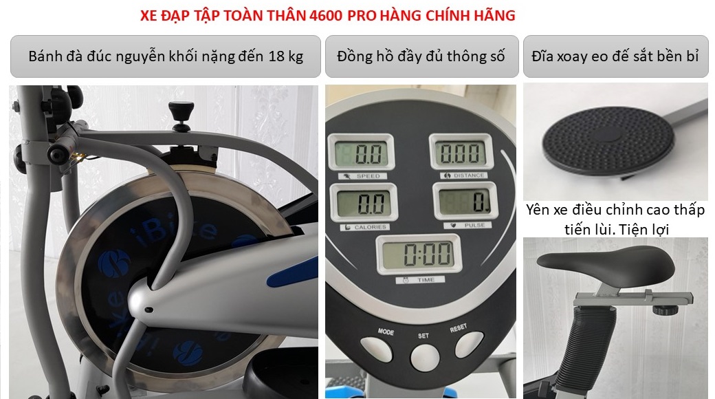 Xe Đạp Tập Thể Dục Airibike-4600 Pro. Xe Đạp Tập Toàn Thân Có Đánh Tay. Có đĩa xoay eo Tạ tay. đồng hồ đo nhịp tim mẫu mới.