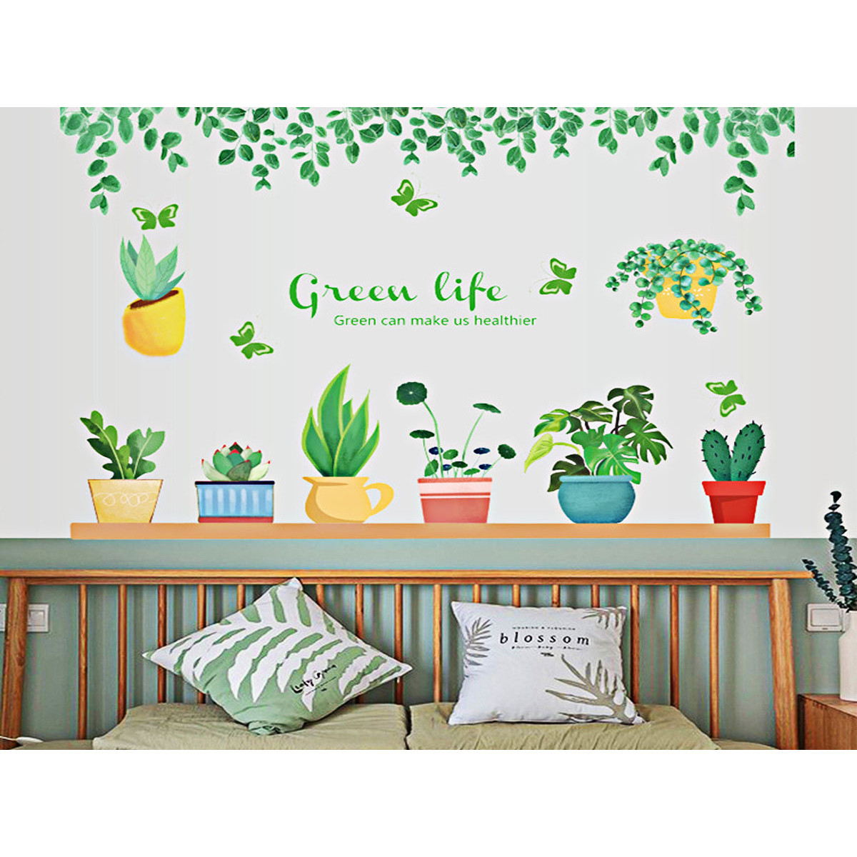 decal dán tường chậu cây và tán lá greeen