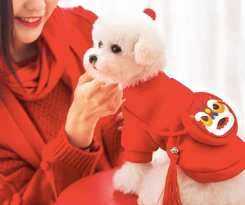 Áo nỉ lân đỏ cho thú cưng, áo Tết chó mèo, áo ấm mùa đông