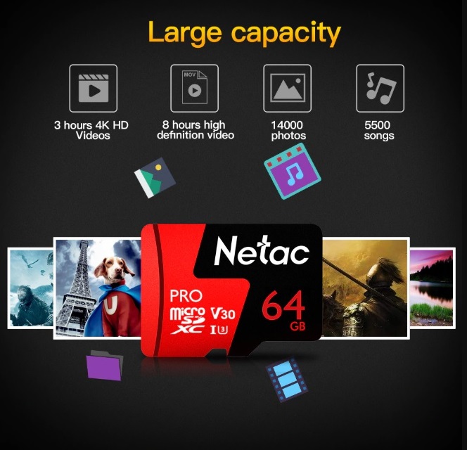 Thẻ nhớ microSDXC Netac Pro 64GB U3 4K V30 98MB/s - chuyên camera, máy quay và điện thoại