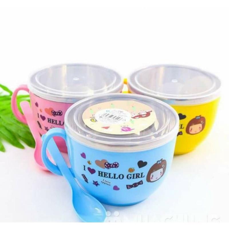 Bát ăn inox hai lớp chống nóng có nắp đậy kèm thìa cho bé