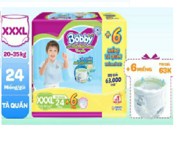 Tã Quần Bobby Đệm Lưng Thấm Mồ Hôi XXXL24 (24 Miếng) - Tặng 6 Miếng Phiên Bản Hè Vui Nhộn