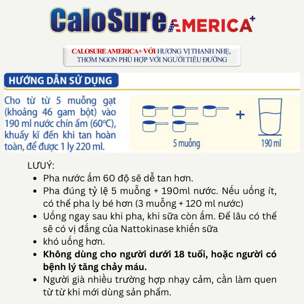 Sữa bột Calosure America+ 400g (Tiểu đường) bảo vệ cơ xương khớp, tim mạch, chống đột quỵ, tăng miễn dịch, vị thanh nhẹ - VitaDairy