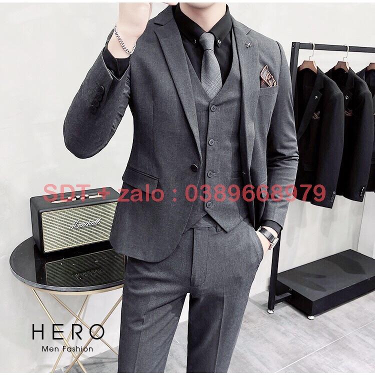 Bộ vest Nam Hàn Quốc màu ghi xám , Bộ suit nam trẻ trung dáng ôm chất vải sịn