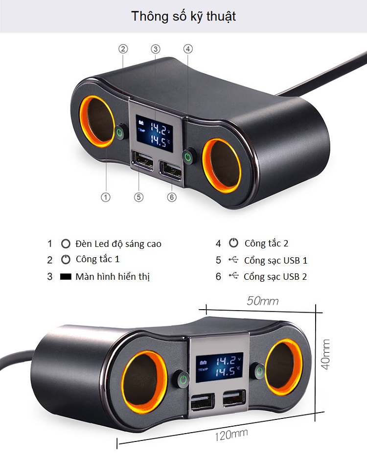 Bộ chia tẩu sạc đa năng cao cấp trên ô tô, xe hơi -