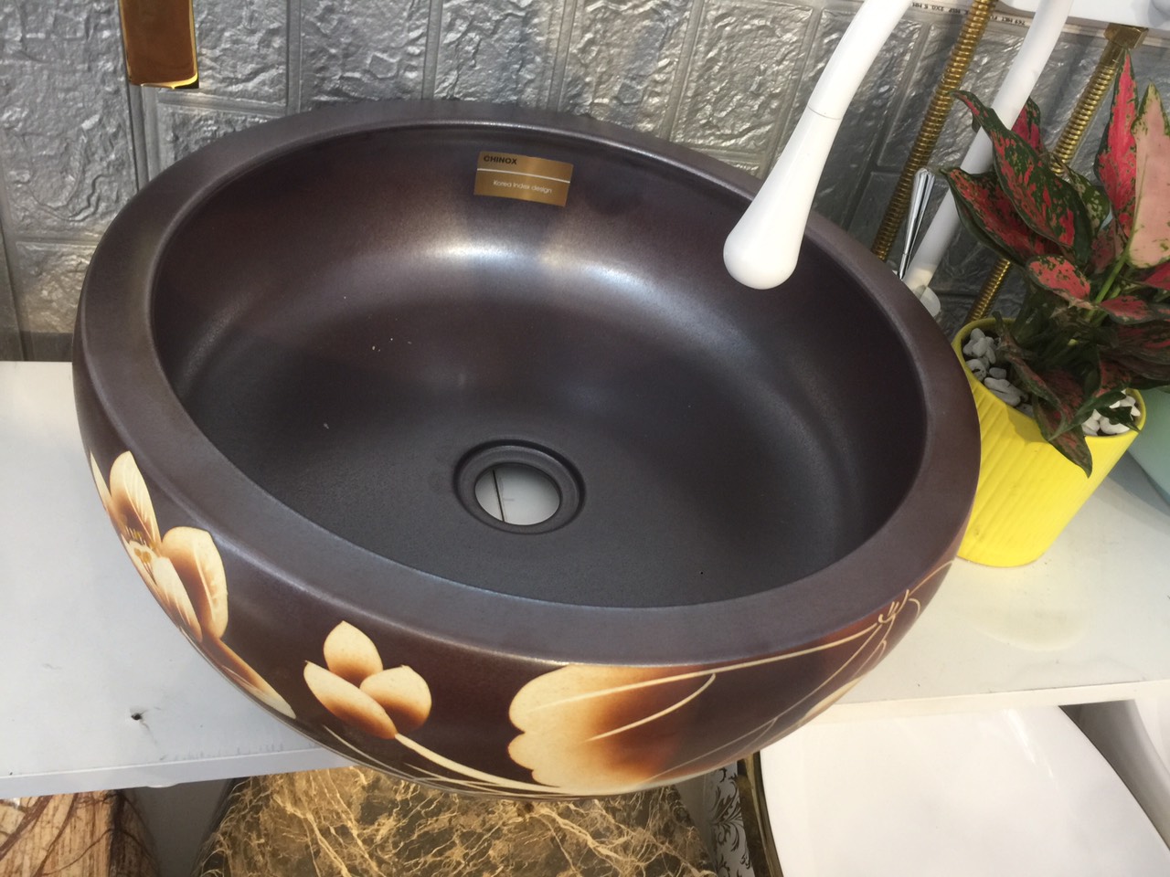 Chậu lavabo gốm sen vàng khoe sắc CHINOX 41x41cm