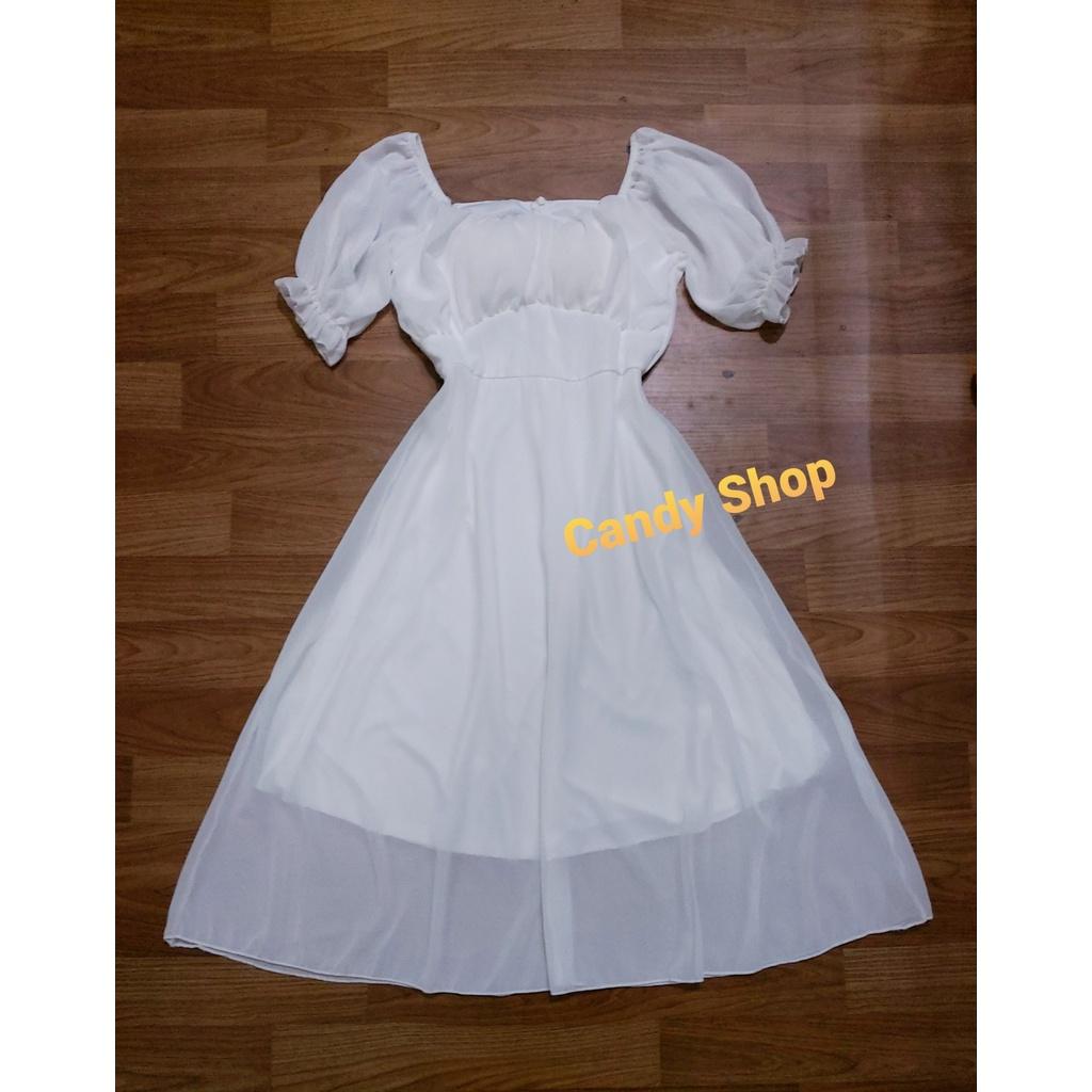 Đầm trắng xoè tiểu thư cổ vuông tay phồng xếp ly ngực ( kèm mút )