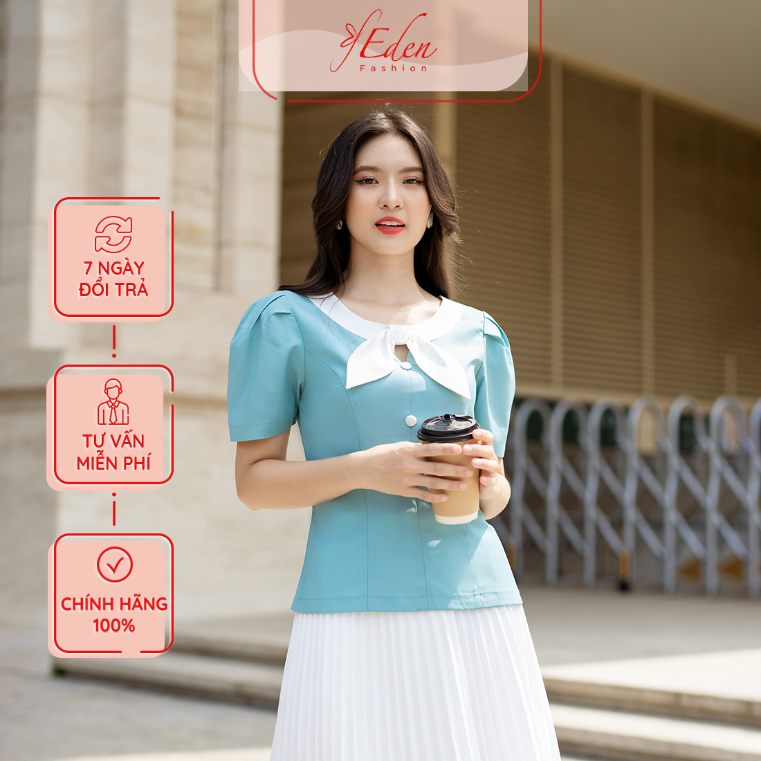 Áo kiểu nữ công sở thời trang Eden cổ tròn phối nơ trắng - ASM212