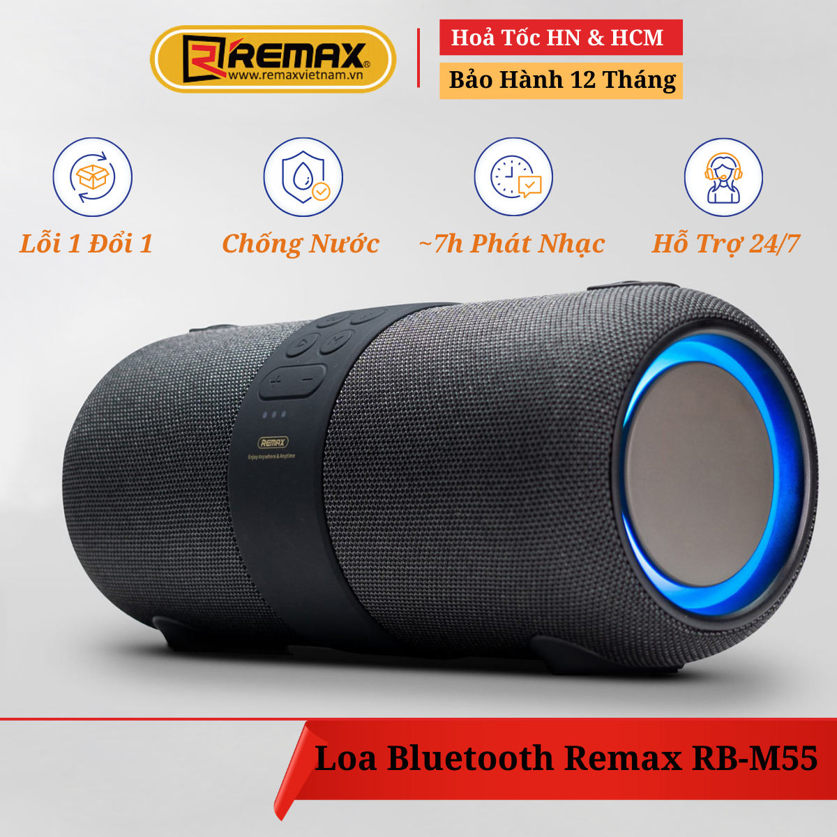 Loa Bluetooth du lịch chống nước chính hãng Remax RB-M55 - Âm bass mạnh mẽ kết hợp đèn Led RGB. Hỗ trợ đầu vào Thẻ Nhờ và Cổng 3.5mm - Hàng Chính Hãng Remax bảo hành 12 tháng 1 đổi 1