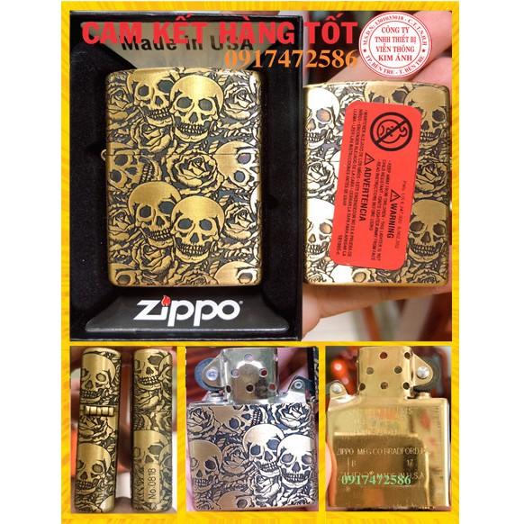 Bật Lửa Zippo Khắc Ăn Mòn Hình Đầu Lâu, Đáy Lồi, RUỘT VÀNG