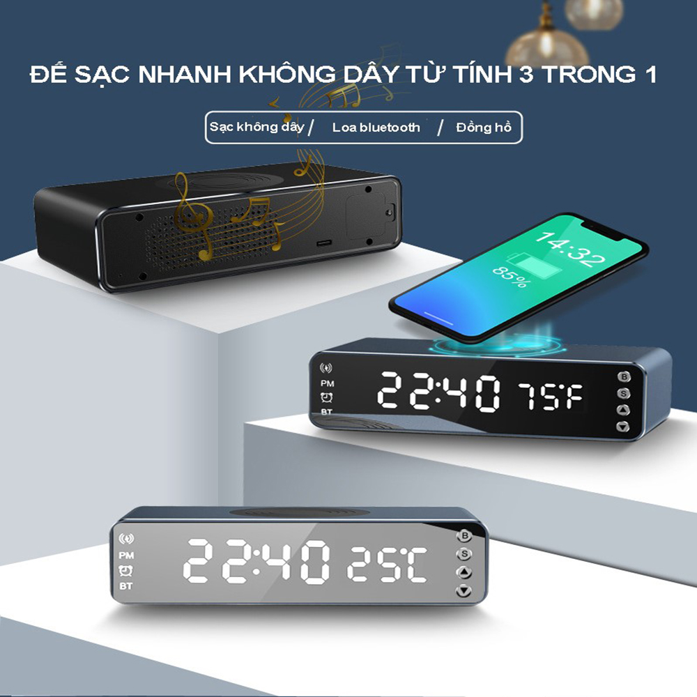 Đế sạc nhanh không dây từ tính cho điện thoại công suất 15W tích hợp loa bluetooth đồng hồ xem giờ báo thức báo nhiệt độ