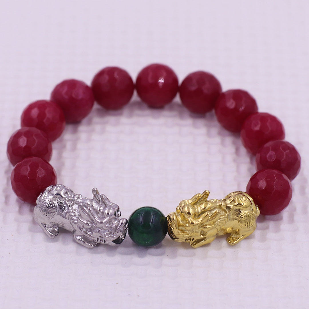 Vòng chuỗi đeo tay đa thạch anh đỏ cắt giác 12 ly charm tỳ hưu đôi inox trắng và vàng, vòng chuỗi phong thủy, charm tỳ hưu, vòng tay hạt chuỗi