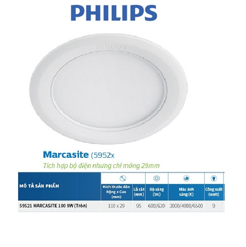 Bộ đèn PHILIPS LED âm trần MARCASITE tròn (5952x )-9W, 12W, 14W,16W (ánh sáng trắng, trung tính, vàng)