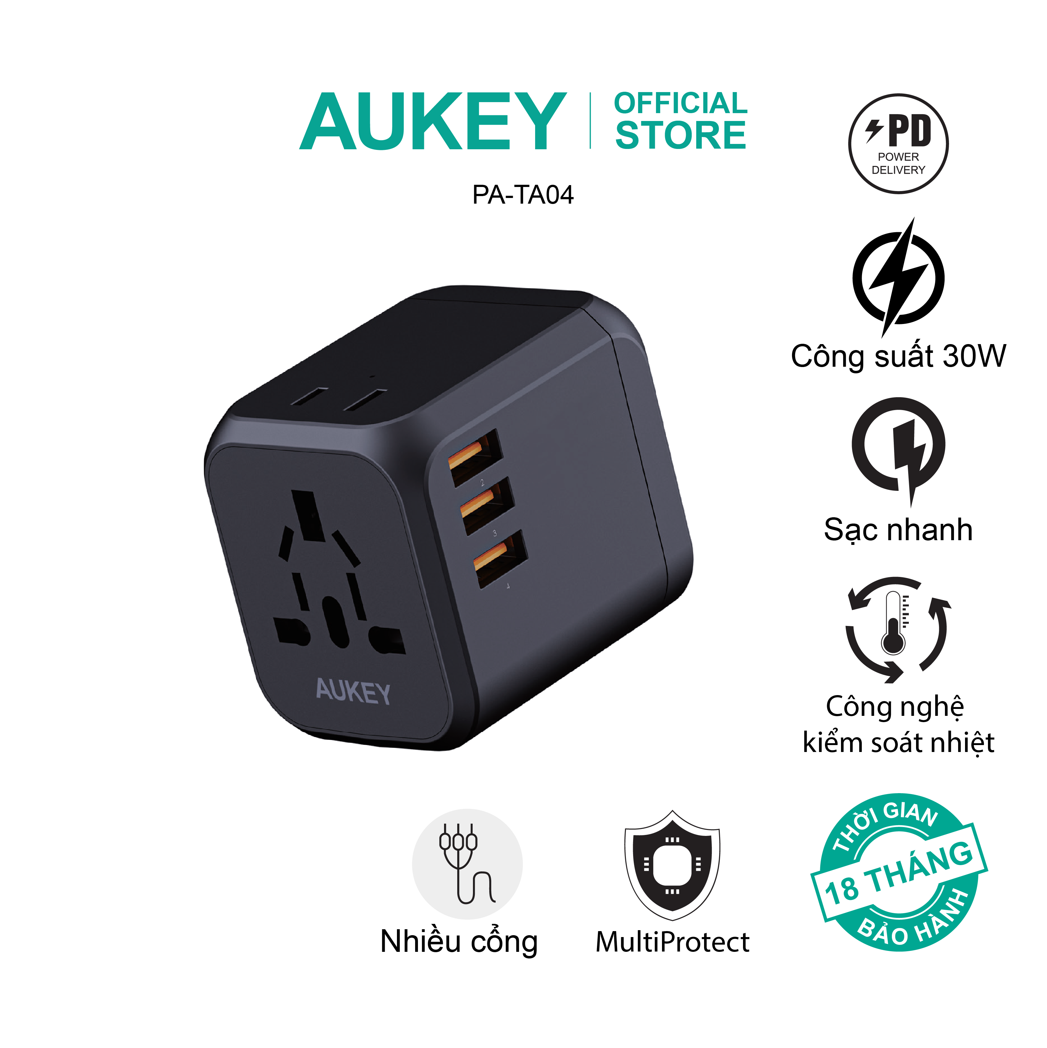 Củ sạc nhiều cổng đa năng, đa thiết bị nhỏ gọn 30W Aukey PA-TA04, hàng chính hãng