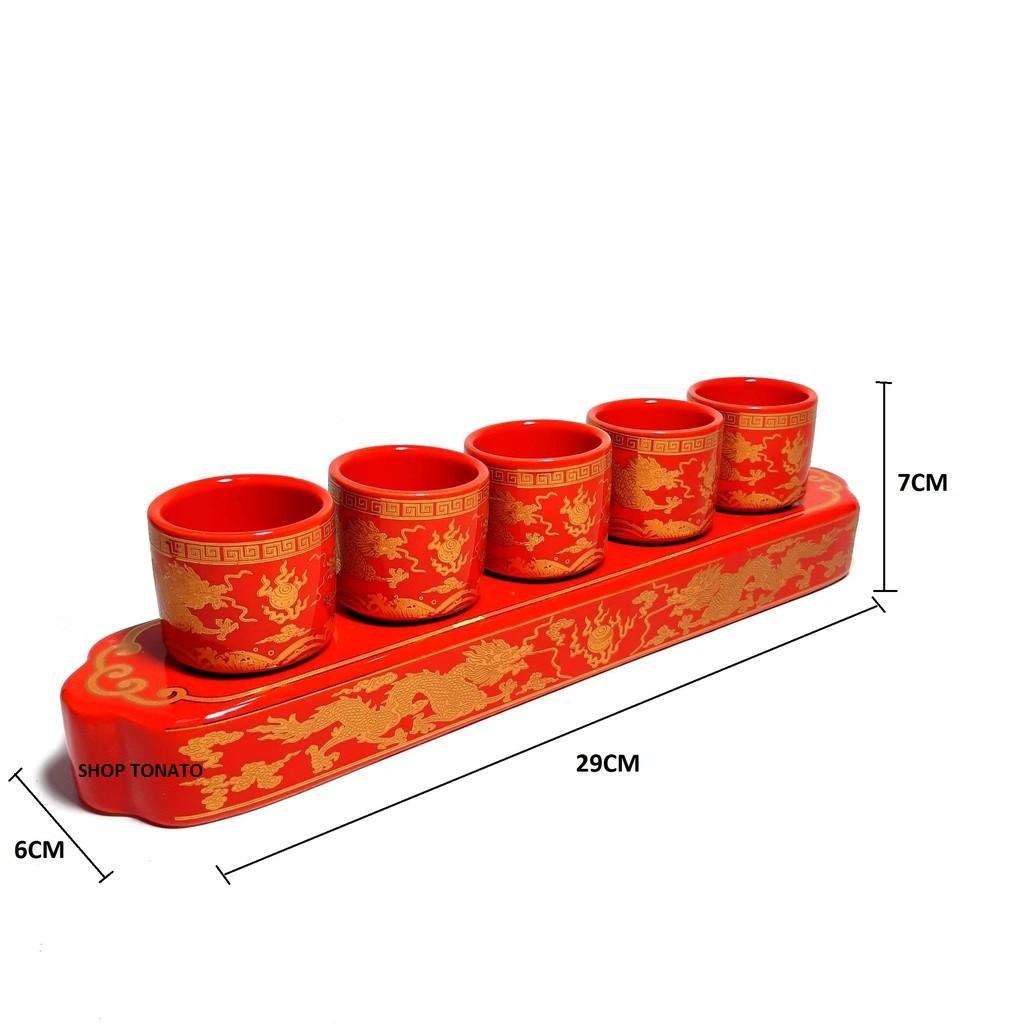 CHUNG BỘ 5 LY THỜ CÚNG RỒNG ĐỎ CAO 7CM