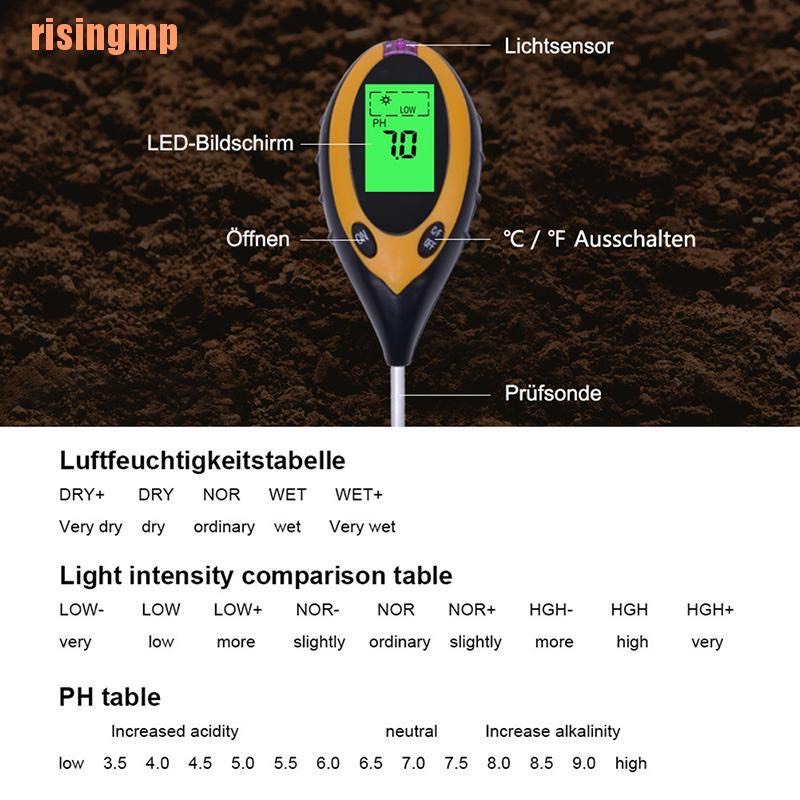 Máy Đo Độ pH Đất, Độ Ẩm, Ánh Sáng, Nhiệt Độ, Dụng Cụ Đo pH 4 in 1 Tặng Kèm Pin