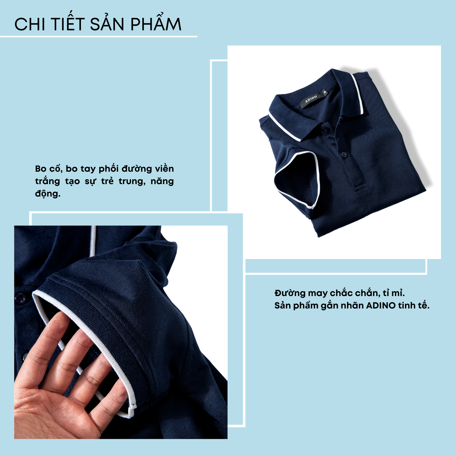 Áo polo nam ADINO màu xanh đen phối viền vải cotton co giãn dáng slimfit trẻ trung AP75