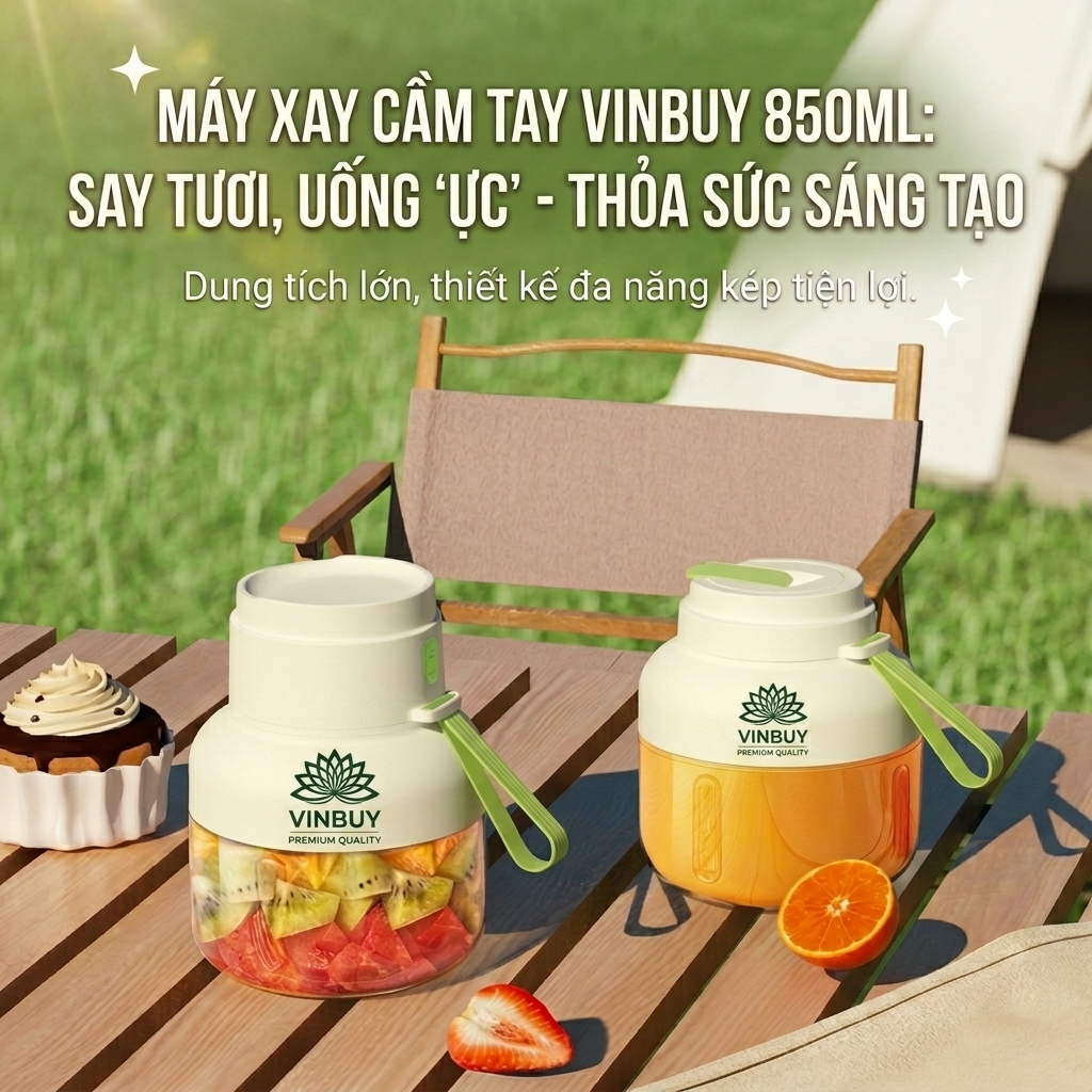 Máy Xay Sinh Tố Cầm Tay VinBuy 850ml - 12 Lưỡi Dao Inox 304, Xay Khỏe, Pin Siêu Lâu, Sạc Type-C, Bảo Hành 12 tháng Hàng chính hãng