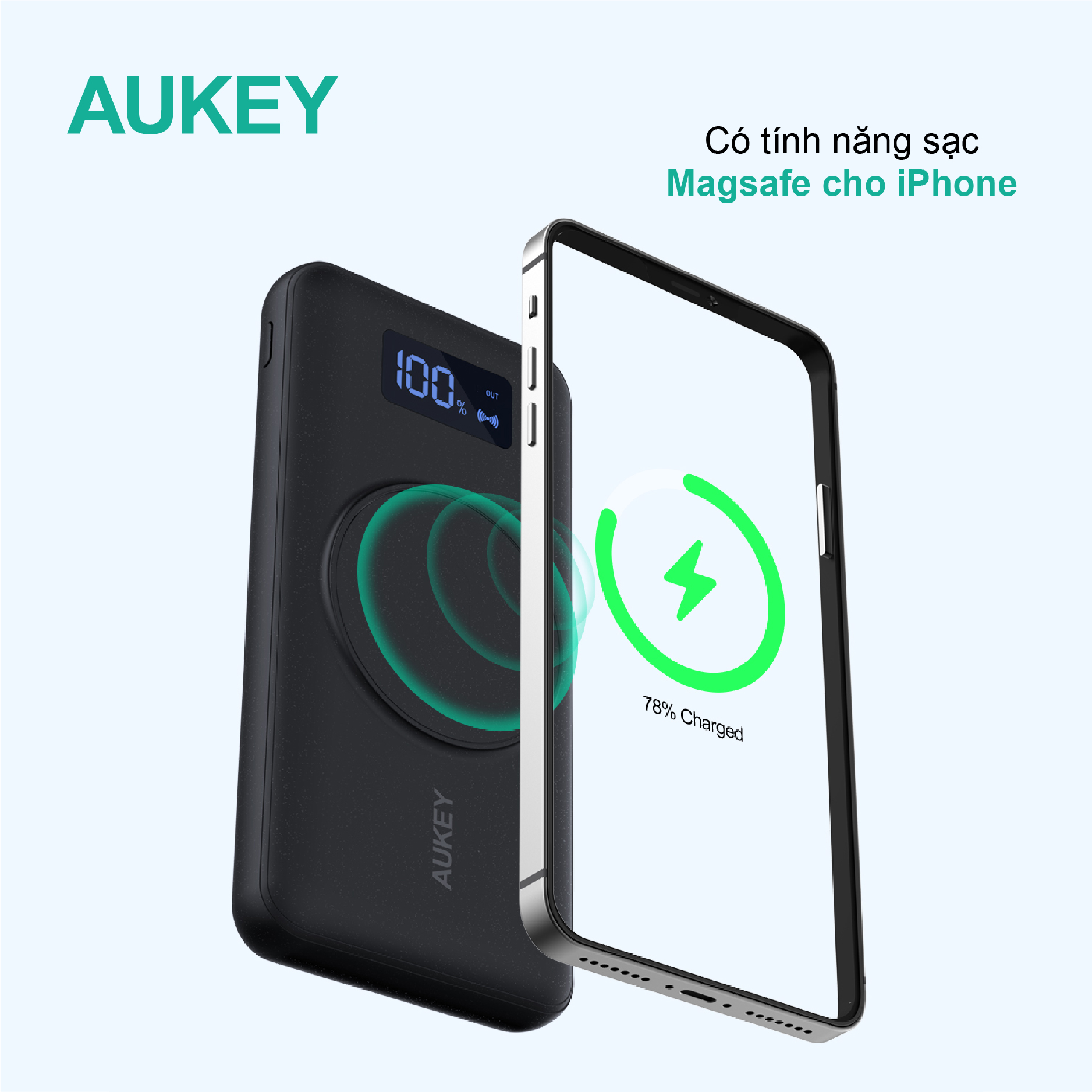 Pin sạc dự phòng kiêm sạc không dây Aukey 10000mAh 15W, hàng chính hãng