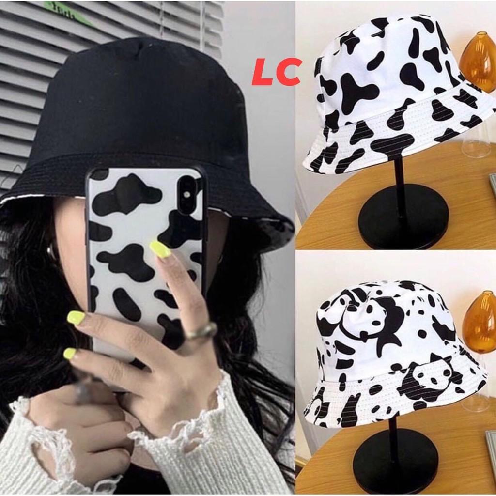 Mũ Vành Rộng In Họa Tiết Bò Sữa - Rere.Store - Nón bucket hai màu đen trắng Ulzzang